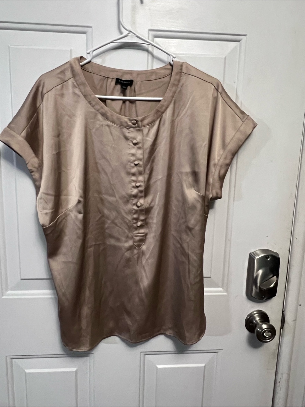 Talbots Womens Large Satin Blouse Beige Taupe Button Front Short Sleeve Pockets